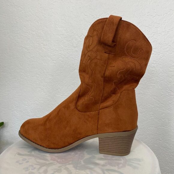 NEW Brown Tan Faux Suede Boho Western Stitched Cowgirl Mid Calf Boots US 10.5 - Picture 4 of 8